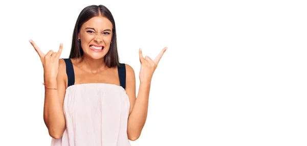 Young Hispanic Woman Wearing Casual Clothes Shouting Crazy Expression Doing — Stock Photo, Image