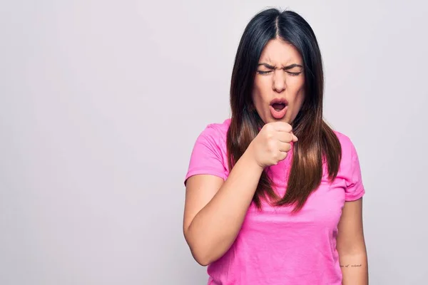 Young Beautiful Brunette Woman Wearing Casual Pink Shirt Standing White — Stock Photo, Image