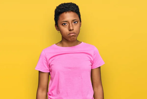 Young African American Woman Wearing Casual Clothes Depressed Worry Distress — Stock Photo, Image