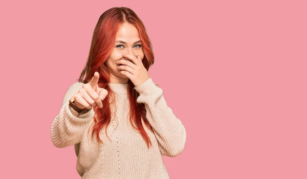 Young Redhead Woman Wearing Casual Winter Sweater Laughing You Pointing — Stock Photo, Image