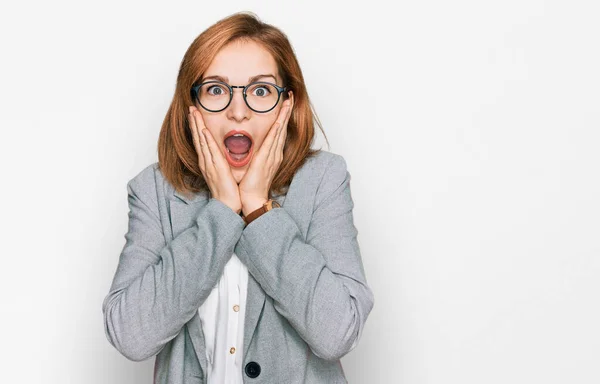 Young Caucasian Woman Wearing Business Style Glasses Afraid Shocked Surprise — Stock Photo, Image