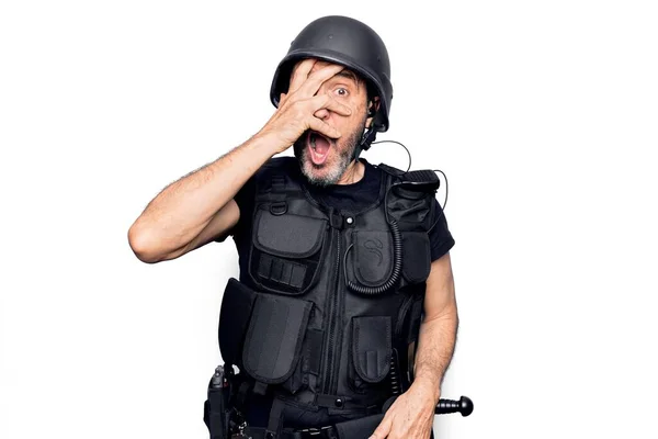 Middle Age Handsome Policeman Wearing Police Bulletproof Vest Security Helmet — Stock Photo, Image