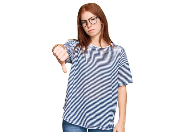 Young Read Head Woman Wearing Casual Clothes Glasses Looking Unhappy — Stock Photo, Image