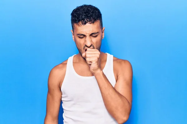 Young Hispanic Man Wearing Casual Clothes Feeling Unwell Coughing Symptom — Stock Photo, Image