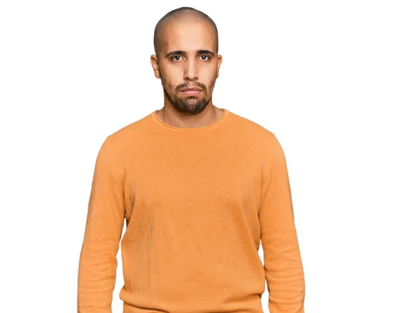 Hispanic Adult Man Wearing Casual Winter Sweater Skeptic Nervous Frowning — 스톡 사진