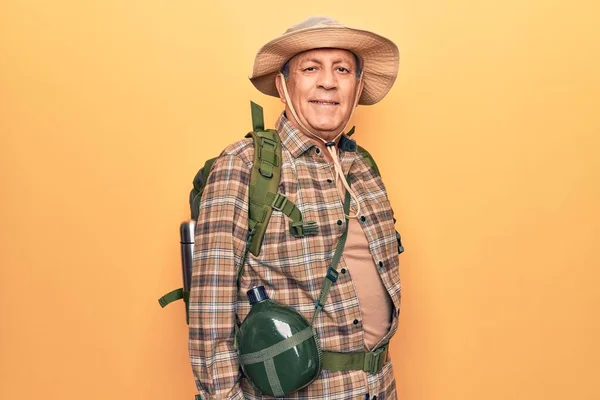 Senior Man Grey Hair Wearing Hiker Backpack Water Canteen Happy — Stock Photo, Image