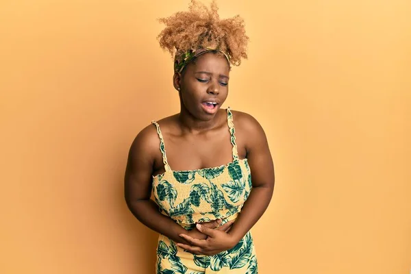 Young African Woman Afro Hair Wearing Summer Dress Hand Stomach —  Fotos de Stock