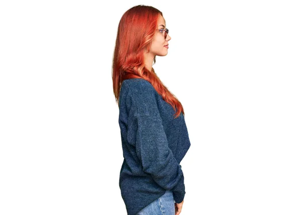 Young Redhead Woman Wearing Casual Sweater Glasses Looking Side Relax — Fotografia de Stock