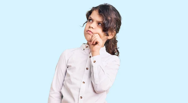 Cute Hispanic Child Wearing Casual Clothes Serious Face Thinking Question — Stock Photo, Image
