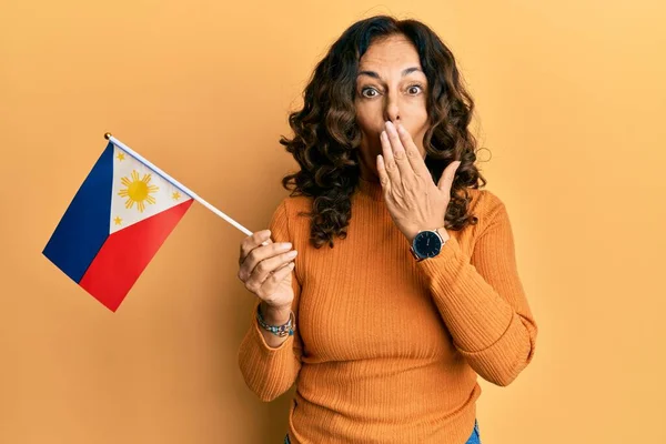 Middle Age Hispanic Woman Holding Philippines Flag Covering Mouth Hand — Stock Photo, Image