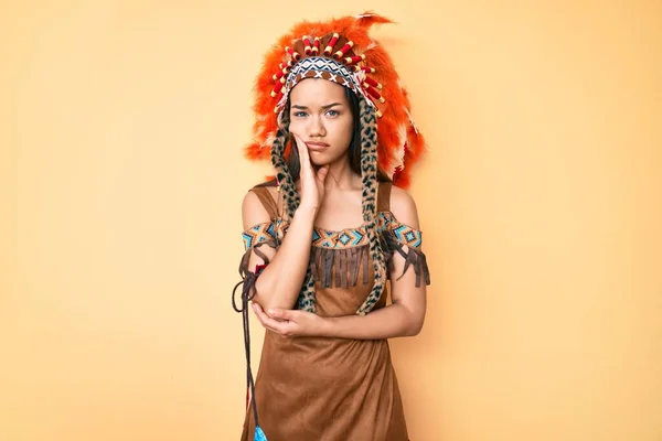 Young Beautiful Latin Girl Wearing Indian Costume Thinking Looking Tired — Stock Photo, Image