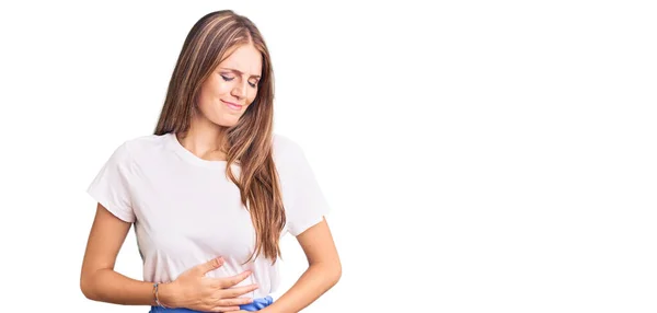 Young Beautiful Blonde Woman Wearing Summer Style Hand Stomach Because — Stock Photo, Image