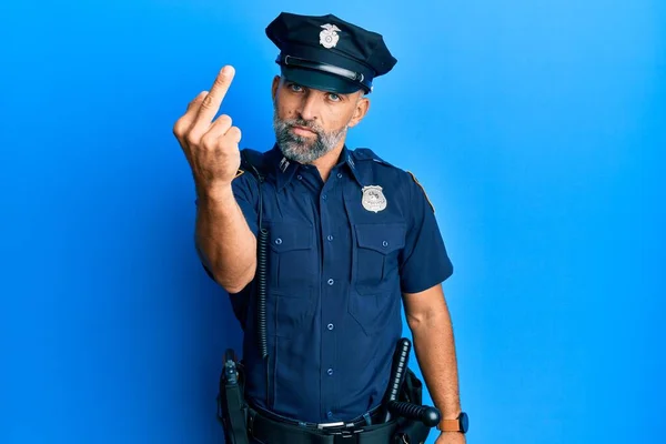 Middle Age Handsome Man Wearing Police Uniform Showing Middle Finger — Fotografia de Stock