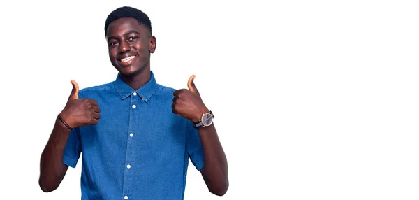 Young African American Man Wearing Casual Clothes Success Sign Doing — Stock Photo, Image