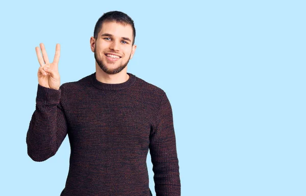 Junger Gutaussehender Mann Lässigem Pullover Zeigt Und Zeigt Mit Finger — Stockfoto