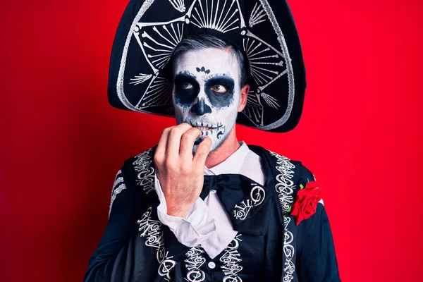 Young Man Wearing Mexican Day Dead Costume Red Looking Stressed — Stock fotografie