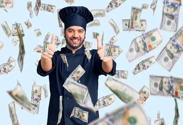 Young Hispanic Man Wearing Cooker Uniform Approving Doing Positive Gesture — Stock Photo, Image