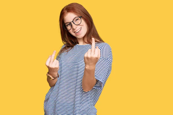 Young Read Head Woman Wearing Casual Clothes Glasses Showing Middle — Stockfoto