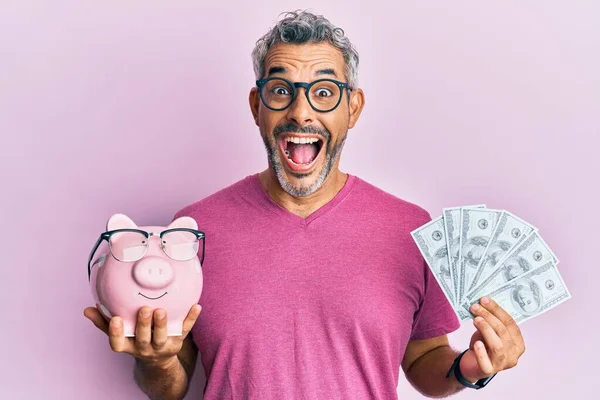 Middle Age Grey Haired Man Holding Piggy Bank Glasses Dollars — Stock fotografie