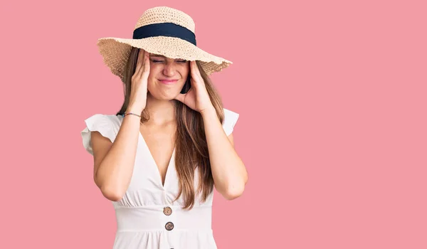 Young Beautiful Blonde Woman Wearing Summer Dress Hat Suffering Headache — Stock Photo, Image