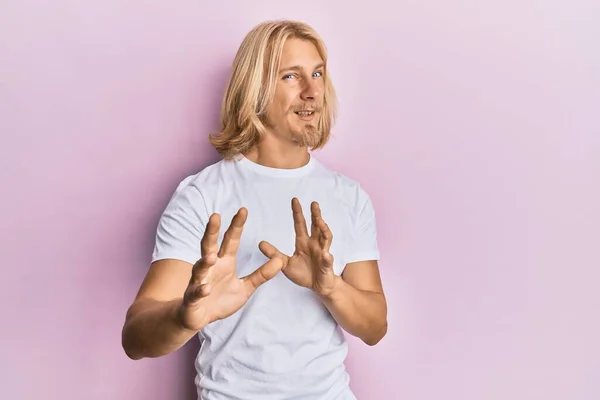 Caucasian Young Man Long Hair Wearing Casual White Shirt Disgusted — Stock Photo, Image