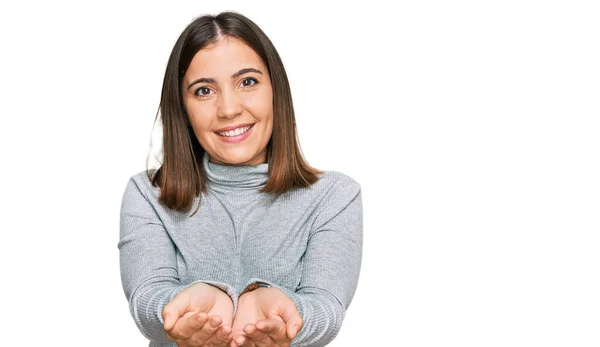 Young Beautiful Woman Wearing Casual Turtleneck Sweater Smiling Hands Palms — Stock Photo, Image