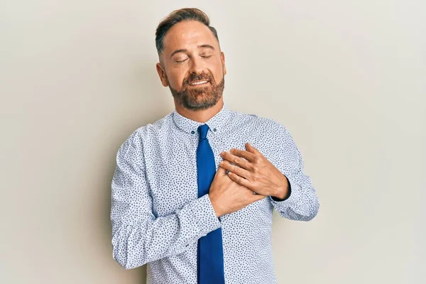 Handsome Middle Age Man Wearing Business Shirt Tie Smiling Hands — Stock Photo, Image