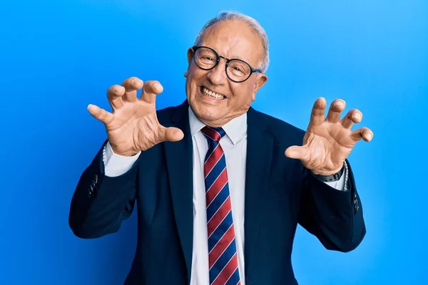 Senior Caucasian Man Wearing Business Suit Tie Smiling Funny Doing — Stock Photo, Image