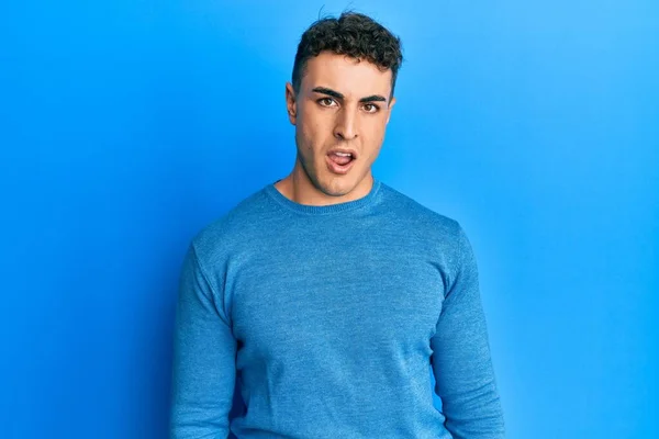 Hispanic Young Man Wearing Casual Winter Sweater Shock Face Looking — Stock Photo, Image