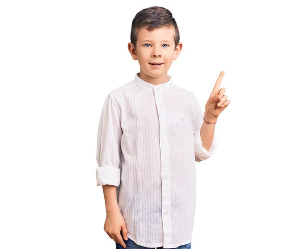 Cute Blond Kid Wearing Elegant Shirt Big Smile Face Pointing — Stock Photo, Image