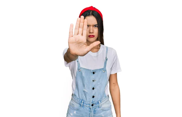 Young Hispanic Girl Wearing Casual Clothes Doing Stop Sing Palm — Stock Photo, Image