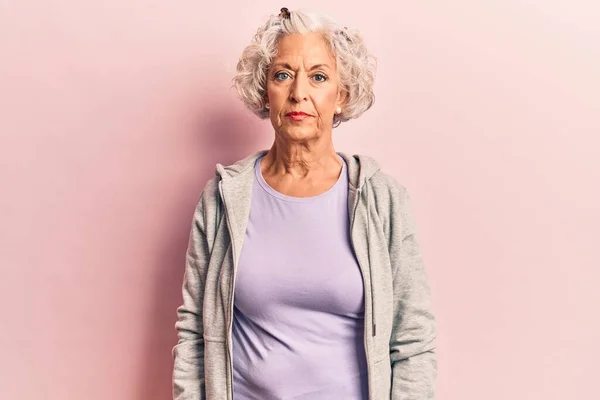 Senior Grey Haired Woman Wearing Casual Sporty Clothes Serious Expression — Stock Photo, Image