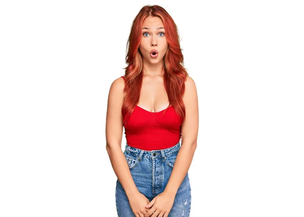 Young Redhead Woman Wearing Casual Clothes Afraid Shocked Surprise Expression — Stock Photo, Image