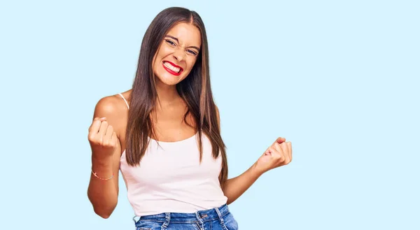 Young Hispanic Woman Wearing Casual Clothes Very Happy Excited Doing — Stock Photo, Image