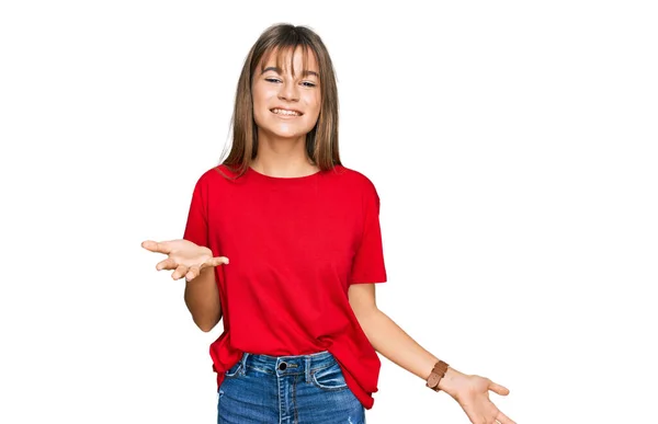 Adolescente Caucasiano Menina Vestindo Casual Camiseta Vermelha Sorrindo Alegre Com — Fotografia de Stock