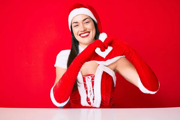 Joven Mujer Caucásica Vistiendo Traje Santa Claus Sonriendo Amor Haciendo — Foto de Stock