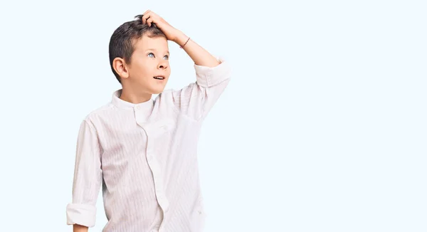 Criança Loira Bonito Vestindo Camisa Elegante Sorrindo Confiante Tocando Cabelo — Fotografia de Stock