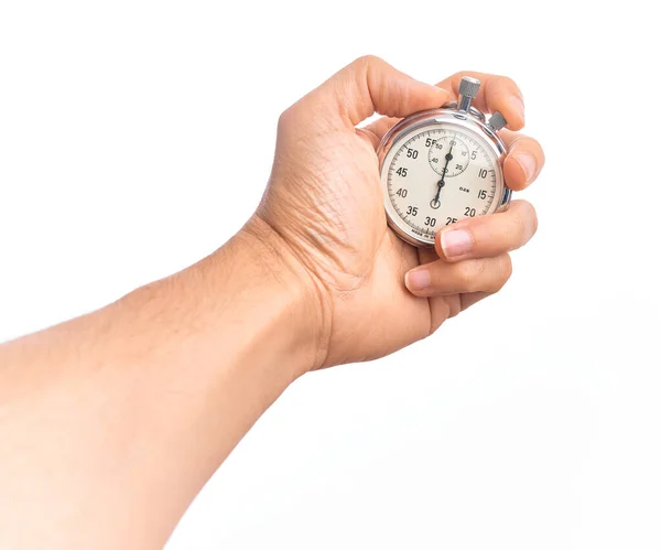 Hand Van Kaukasische Jongeman Die Aftellen Stopwatch Geïsoleerde Witte Achtergrond — Stockfoto