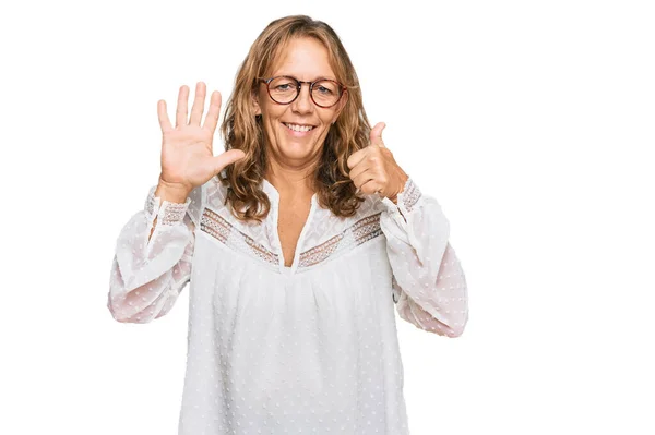 Middle Age Blonde Woman Wearing Casual White Shirt Glasses Showing — Stock Photo, Image