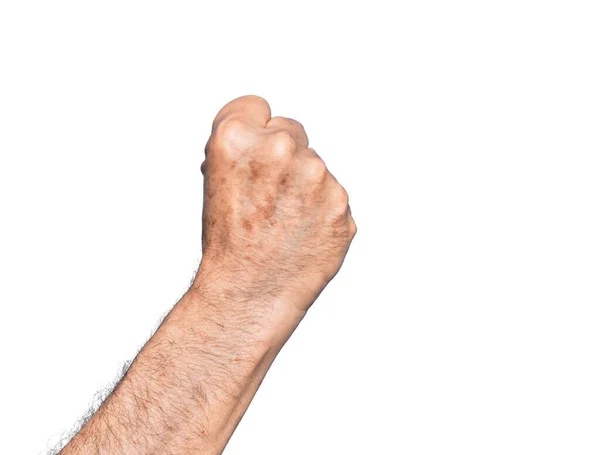 Ręka Białego Mężczyzny Średnim Wieku Białym Tle Protestującego Rewolucyjnego Gestu — Zdjęcie stockowe
