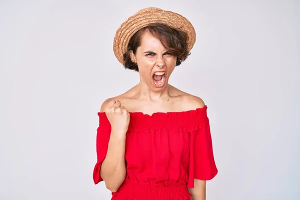 Young Hispanic Woman Wearing Summer Hat Angry Mad Raising Fist — Stock Photo, Image