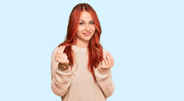 Young Redhead Woman Wearing Casual Winter Sweater Doing Money Gesture — Stock Photo, Image