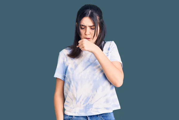 Young Beautiful Girl Wearing Casual Shirt Feeling Unwell Coughing Symptom — Stock Photo, Image