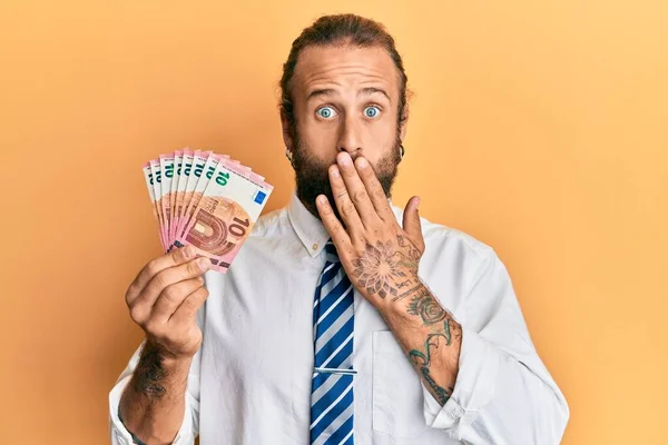 Handsome Business Man Beard Long Hair Holding Bunch Euro Banknotes — Stok fotoğraf