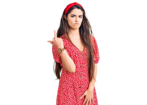 Brunette Teenager Girl Wearing Summer Dress Showing Middle Finger Impolite — Stock Photo, Image