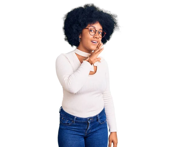 Young African American Girl Wearing Casual Clothes Glasses Hand Mouth — Stock Photo, Image