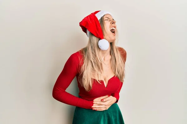 Hermosa Mujer Caucásica Con Traje Navidad Sombrero Con Mano Estómago — Foto de Stock