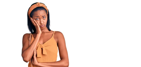 Young African American Woman Wearing Summer Outfit Thinking Looking Tired — Stock Photo, Image