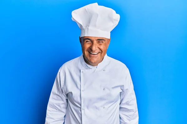 Mature Middle East Man Wearing Professional Cook Uniform Hat Happy — Stock Photo, Image