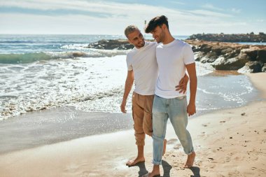 Genç eşcinsel çift mutlu bir şekilde sahilde yürüyor..